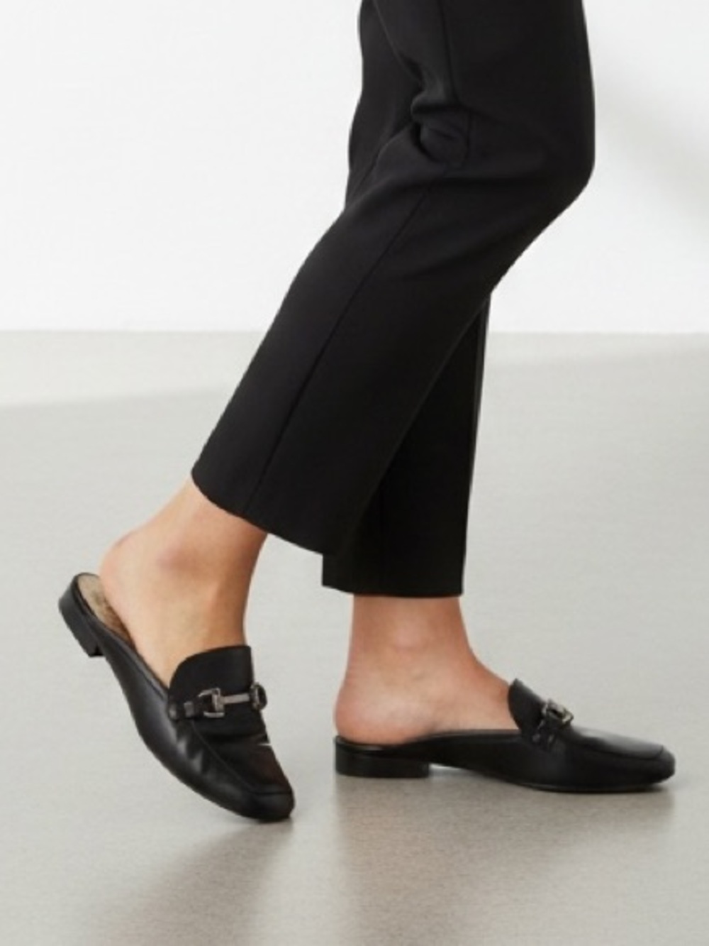 Anne Klein Black Leather Mule Loafers with Silver Buckle - Picture 2 of 10